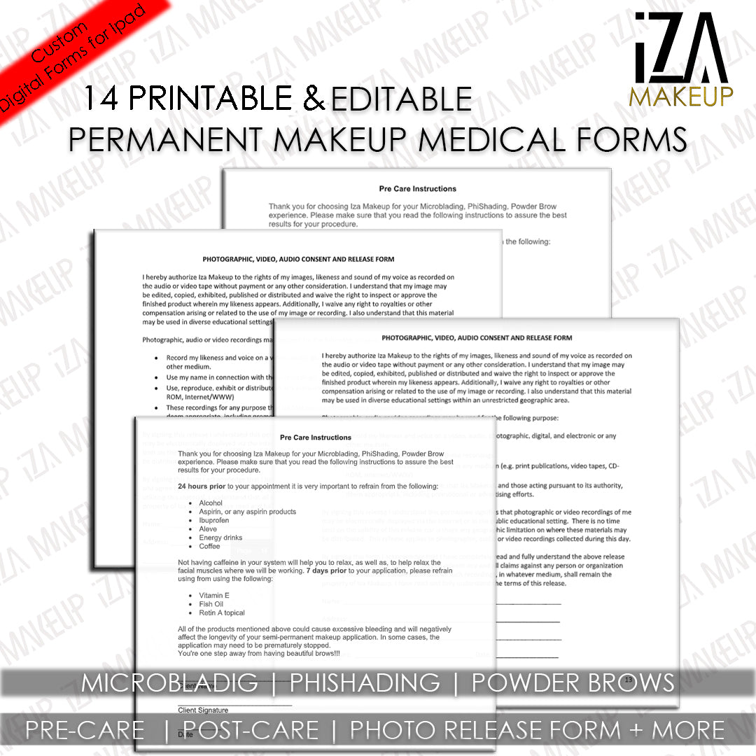 Permanent Makeup Medial Forms + Liability Forms - 14 pages