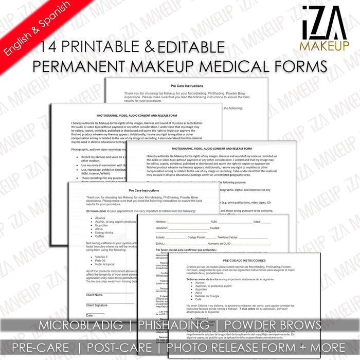 Iza Makeup © Permanent Makeup Medial Forms + Liability Forms - Bundle - English & Spanish
